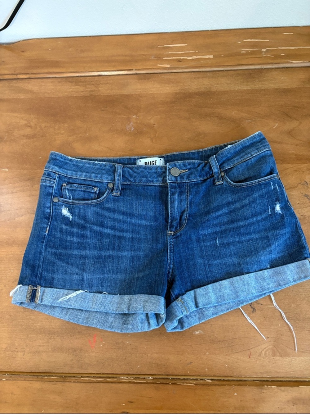 PAIGE Blue Distressed Cuffed Denim Shorts Size 29
